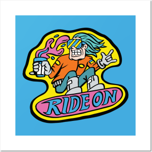 Ride On - crazy neon snowboarder Posters and Art